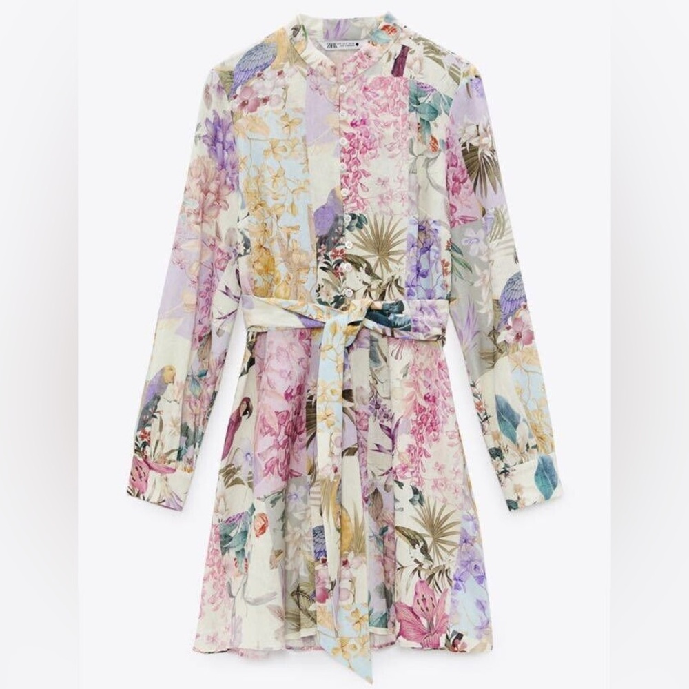 Zara Floral Parrot Linen Mini Dress